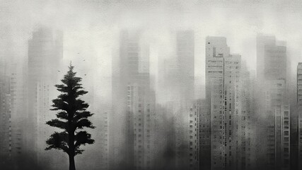 An illustration of a black and white city scene with a tree in minimalism art style. Created with Generative AI technology