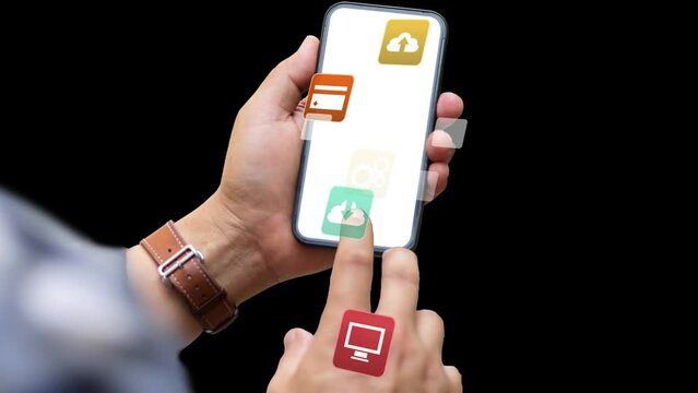 Mobile Phone Applications and Icons Popping up from smartphone screen. Business man using phone and click in white screen. Social and Business, Technology and Connection Concept 