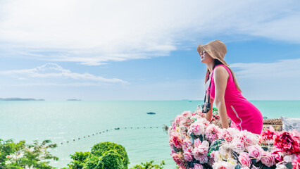 Lifestyle traveler woman on terrace of outdoor cafe joy nature scenic sea view, Attraction famous popular place tourist travel Pattaya Thailand vacation summer holiday trip, Beautiful destination Asia - obrazy, fototapety, plakaty
