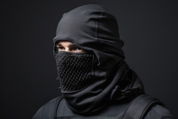 A man in combat gear with a black balaclava