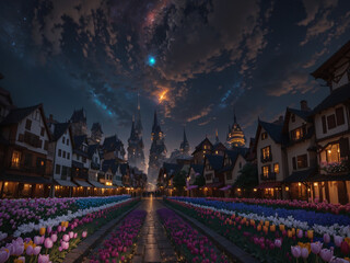 As night falls upon the city a magical transformation takes place with colorful flowers adorning the streets, infusing the urban landscape with a whimsical and fairy tale like atmosphere. - obrazy, fototapety, plakaty