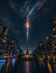 Amidst the urban landscape, a magnificent building stands tall, its architecture illuminated by a symphony of colorful fireworks that burst into the night sky, painting it with bursts of brilliance.