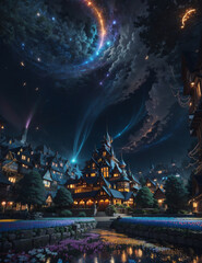 Obraz premium The city comes alive at night with a breathtaking display of flowers in full bloom, their vibrant hues contrasting against the backdrop of a star-filled sky, while the city lights twinkle like diamond