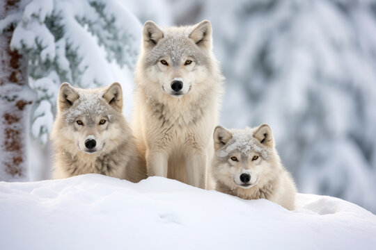 Three wolves sitting on the snow looking at the camera