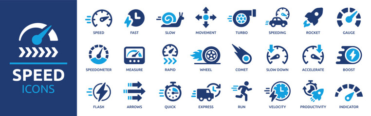 Speed icon set. Containing fast, slow, movement, productivity, indicator, turbo, speeding, gauge, express and speedometer icons. Solid icon collection. Vector illustration. - obrazy, fototapety, plakaty