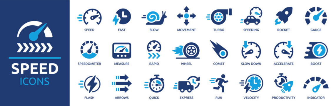 Speed icon set. Containing fast, slow, movement, productivity, indicator, turbo, speeding, gauge, express and speedometer icons. Solid icon collection. Vector illustration.