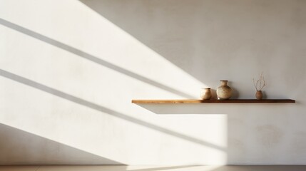 Serene interior with wooden shelf showcasing minimalist vases. Generative AI.