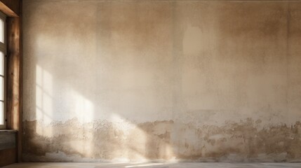 Sunlight streams into a room with aged beige plaster walls. Generative AI.