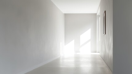 Sunlight illuminates a white hallway with framed artwork on the wall. Generative AI.