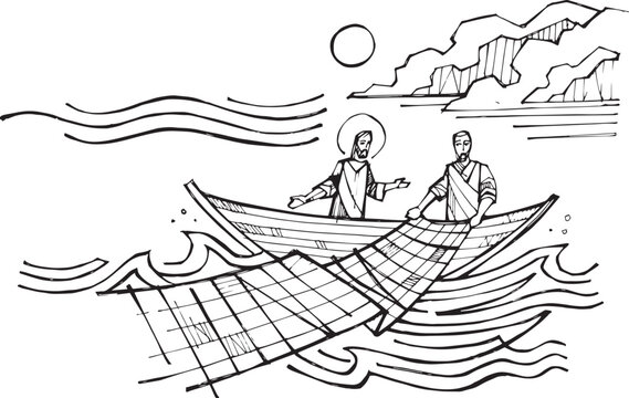 Hand drawn illustration of Jesus casting the nets.