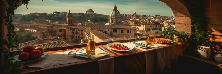 pizza in Italy, delicious meal in a terrace overlooking Rome, Generative AI