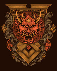 Demon mask with two sword and flower