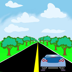 Car on the road with trees and clouds in the background, vector illustration