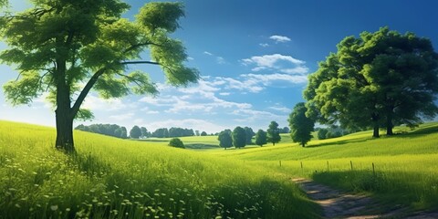 Fototapeta na wymiar A lush green meadow with trees. Created with Generative AI technology
