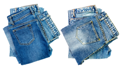 Blue jeans lined in a pile of jeans elements modern women's and men's fashion pants isolated cut-out background - clipping path