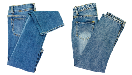 Blue jeans lined in a pile of jeans elements modern women's and men's fashion pants isolated cut-out background - clipping path