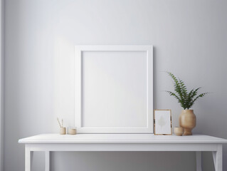 Blank white picture frame poster mockup, white table desk.  Modern organic shaped vase , green ferns, small candle and  desk top accessories , small frame on the side.  