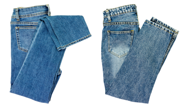 Blue jeans lined in a pile of jeans elements modern women's and men's fashion pants isolated cut-out background - clipping path