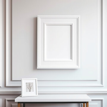 Blank white vertical wooden picture wall frame mockup. Small square frame photo on table, desk. White wall background. Empty copy space. 