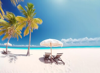 Sunbeds and an umbrella on the white sand. Palm trees, sun and sand. Rest by the sea. Rest in the ocean. Generative AI