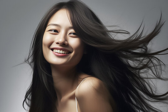 Charming Asian teenager with long hair blowing in the breeze exudes positivity with a bright smile on a white background.