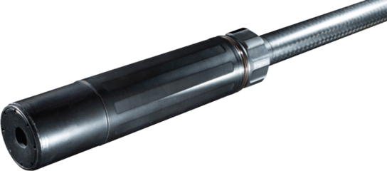 Silencer on the barrel of a high powered rifle