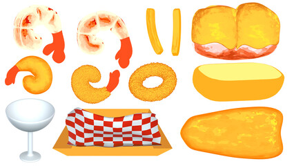 Seat of combination fried seafood, lobster, shrimp, squid ring, fish and chip, bread  