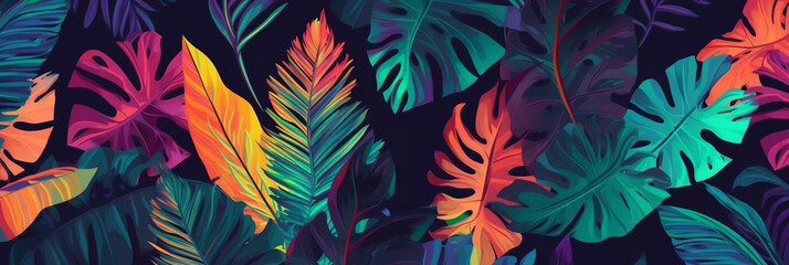 Fototapeta na wymiar Seamless pattern tropical background, illustration of exotic summer leaf and plants in vivid colorful colors, flat lay, Generative AI