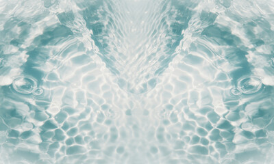 Blue water with ripples on the surface. Defocus blurred transparent blue colored clear calm water surface texture with splashes and bubbles. Water waves with shining pattern texture background.