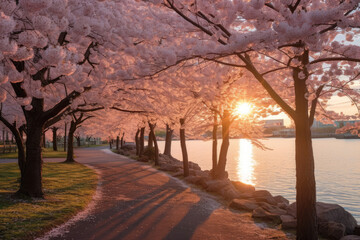 Cherry blossoms blooming along the shore