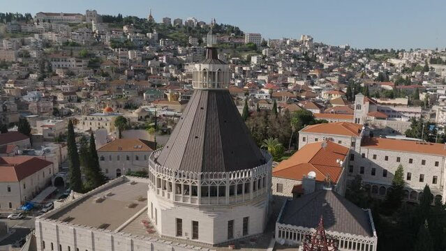 Annunciation Church dome aerial showing Nazareth old town hillside