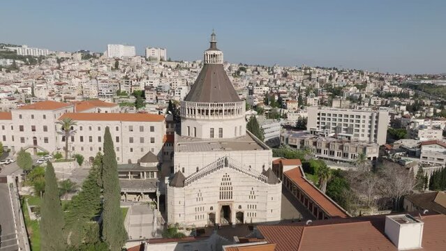 Aerial view: Basilica of the Annunciation church in Nazareth, Israel