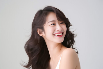 Fototapeta premium curly hair and an infectious smile, an Asian teenage girl showcases a positive vibe against a white backdrop. generative ai.