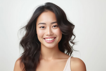 curly hair and an infectious smile, an Asian teenage girl showcases a positive vibe against a white backdrop. generative ai.