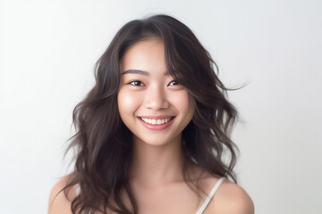 curly hair and an infectious smile, an Asian teenage girl showcases a positive vibe against a white backdrop. generative ai.