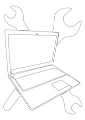 One continuous line of Laptop with Wrench. Thin Line Illustration vector concept. Contour Drawing Creative ideas.