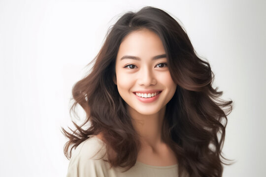 curly hair and an infectious smile, an Asian teenage girl showcases a positive vibe against a white backdrop. generative ai.