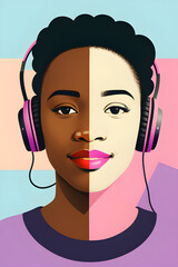 Illustration of a beautiful black woman wearing headphones. (AI-generated fictional illustration)