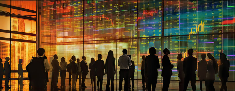 Generative AI illustration featuring a silhouette of a crowd, standing together, scrutinizing a large digital wall display showing a falling stock market index
