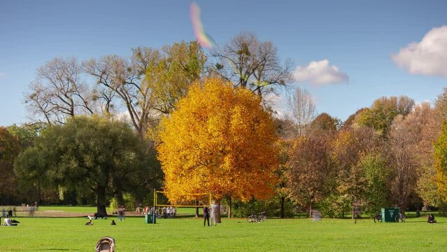 sunny day munich cityscape famous central park golden tree panorama 4k timelapse germany