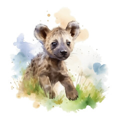 Cute little hyena cartoon in watercolor painting style