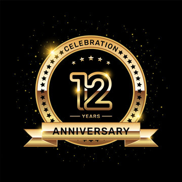 12 year anniversary logo with a number and golden ribbon, vector template