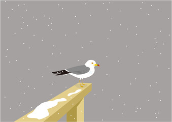 Naklejka premium 雪が降る中、桟橋に止まっている一羽のウミネコのイラスト
