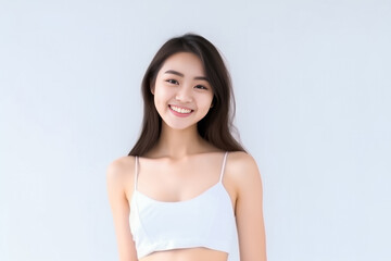 Portrait of Beautiful Asian Woman with her Smooth skin look at camera on White background in Studio light. generative AI.