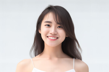 Portrait of Beautiful Asian Woman with her Smooth skin look at camera on White background in Studio light. generative AI.