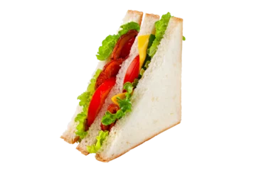 Foto auf Acrylglas Snack bacon sandwich with salad on white background.