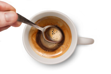 Hot and Warm Simple Foamy Coffee Being Stirred Gently With a Spoon Overhead Generative AI