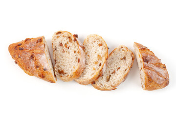 sliced bread on white background. top view.