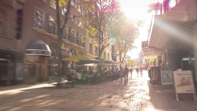 sunny evening stuttgart city center famous pedestrian street walking pov panorama 4k timelapse germany