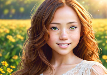 A beautiful girl with long hair poses against the background of a forest on a summer day. Generative AI.